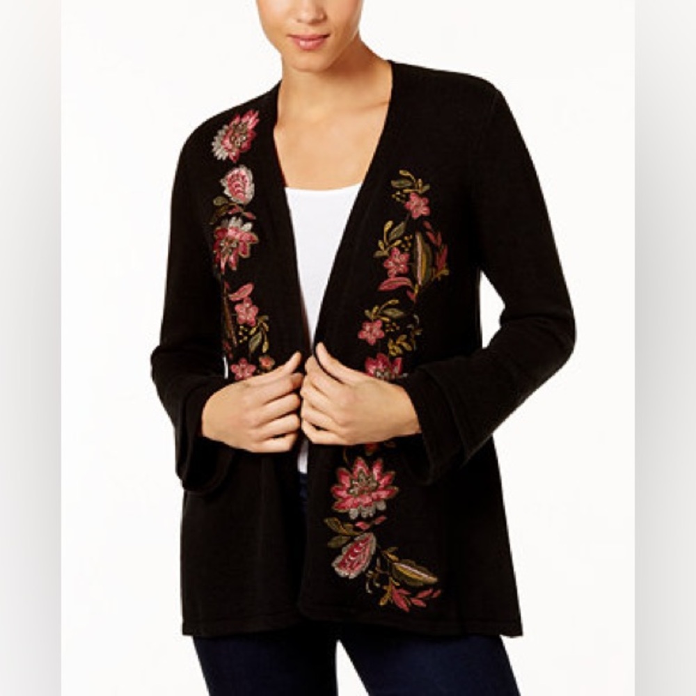Style & Co Embroidered Duster Open Front Petite Cardigan